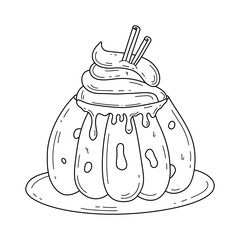 Hand drawn pumpkin spice latte with cream and cinnamon. Pumpkin shape cup. Autumn outline vector illustration isolated on white background