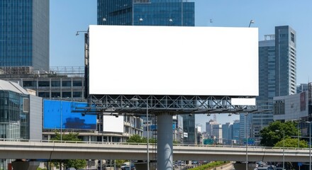 Obraz premium Blank billboard in a modern city, showcasing advertising space against a backdrop of skyscrapers and urban infrastructure.