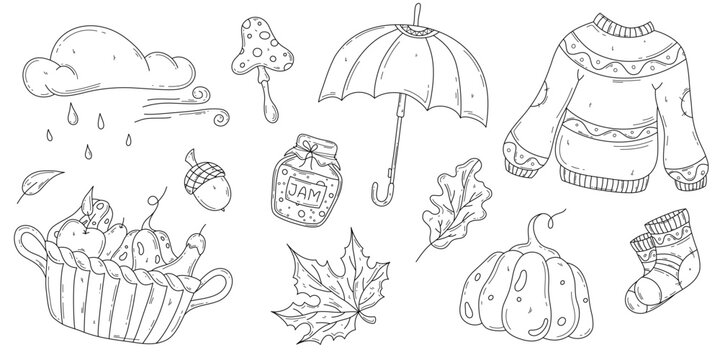 Fall autumn hand drawn set in doodle style. Outline themed collection. Isolated editable stroke elements on white background