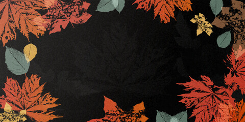 Autumn leaves with grainy texture on black background. Abstract Overlay textured back vector design for cover, sale, banner, poster, seasonal discount offer and sale