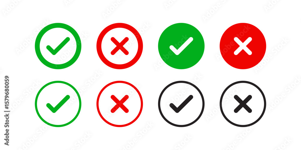 Poster check mark icon button set. check box icon with right and wrong buttons and yes or no checkmark icon