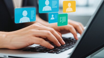 Person using laptop, managing digital profiles, online networking, recruitment.