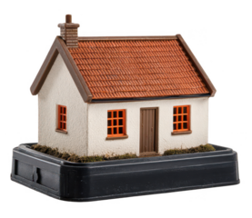 A small house with a brown roof and orange windows, set on a black plastic base, png, transparent