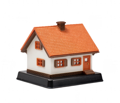 A small house with a brown roof and orange windows, set on a black plastic base, png, transparent