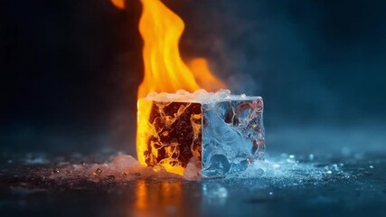 Melting ice cube surrounded by flames creates striking contrast of fire and ice, symbolizing transformation and captivating clash of elements - Powered by Adobe