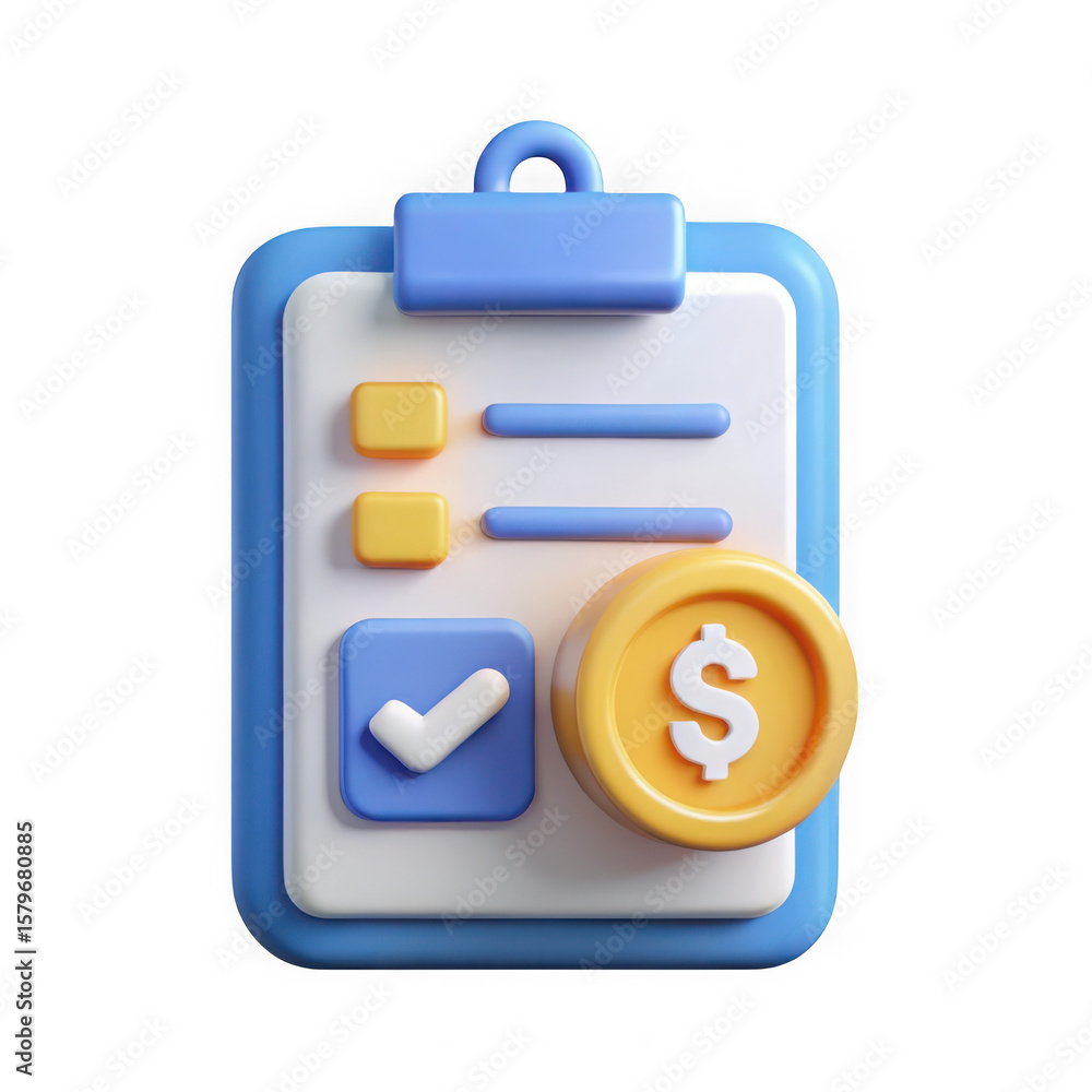 Poster 3d render checklist with dollar coin isolated on transparent background