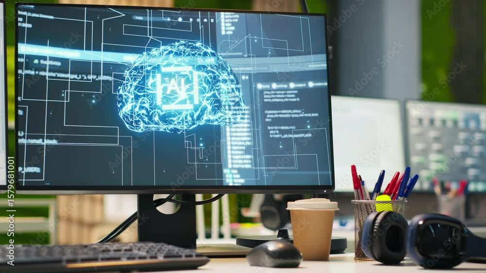 Fototapete pc in startup office used to design and implement algorithms enabling machine learning. technology u