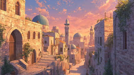 Fototapeta premium Jerusalem Old City at Sunrise: Golden Sunlight Illuminating Ancient Stone and Domes