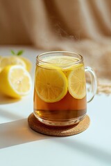 Hot Lemon Tea in Clear Glass Cup with Sliced Lemon and Steam

