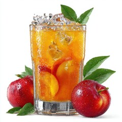 Refreshing Apple Juice with Ice Cubes and Fresh Red Apples on a White Background, Close-up of a Glass of Cold Apple Drink with Water Droplets, Summer Beverage Concept, Healthy Lifestyle, Fruit Drink