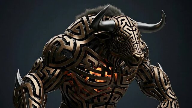 Artistic bull with ancient patterns and glowing core. Powerful minotaur design for fantasy concepts. Digital animation.