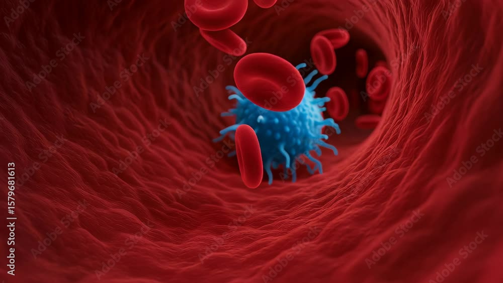 Poster t cell interacts with cancer cells inside blood vessel creating dynamic immune response with red and