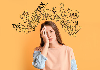 Stressed young woman on color background