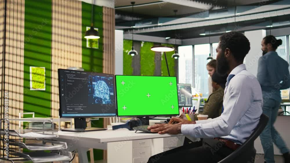 Fototapete Engineer writing code on green screen PC, developing machine learning APIs. IT expert using mockup PC to troubleshoot software errors using artificial intelligence, camera A