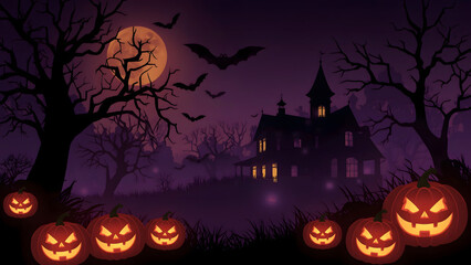 Spooky Halloween Night Scene &ndash; Pumpkins, Bats, and Full Moon
