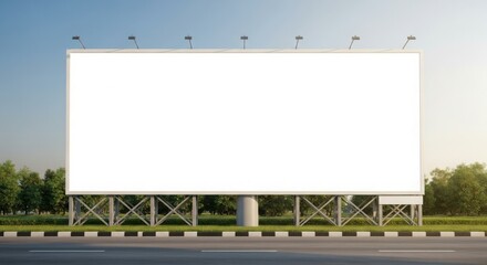 Fototapeta premium Large blank billboard beside a road, ready for advertisement, under a clear sky.