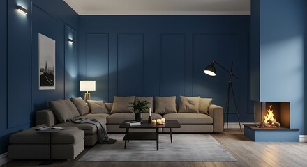 Fototapeta premium Modern living room interior design with a navy blue wall, sectional sofa, and fireplace.