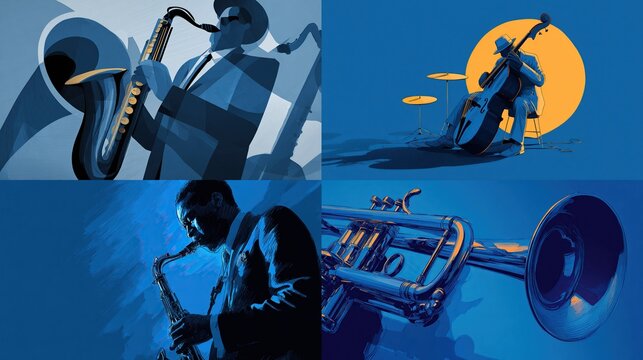 A collage of four vibrant illustrations depicting musicians playing various jazz instruments