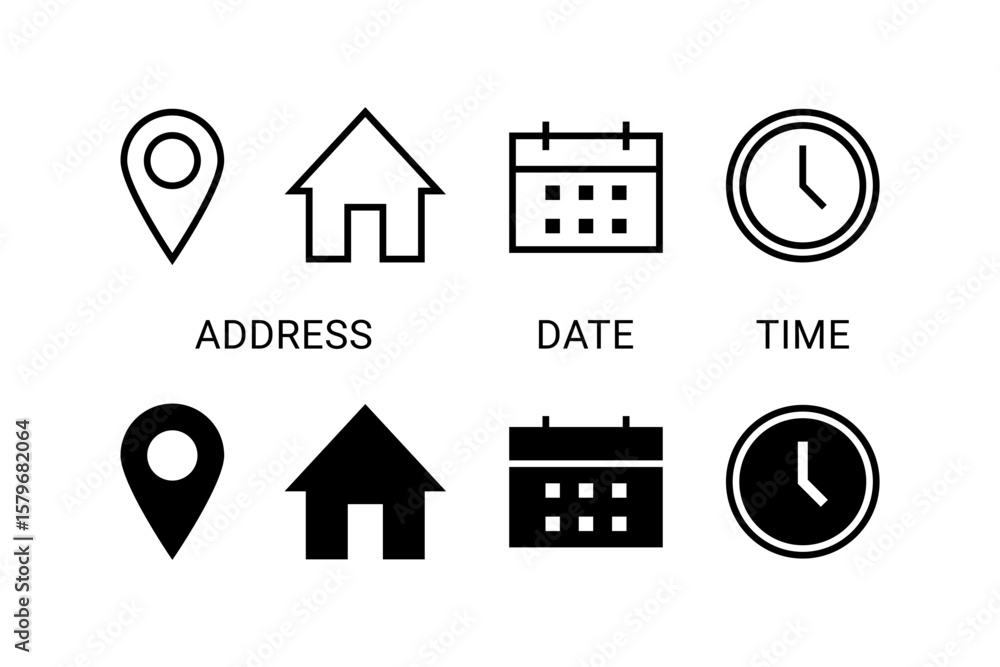 Poster address location icon. stopwatch timer icon. date calendar icon. house home icon - web icons