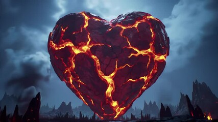 Fiery Pixelated Lava Stone Heart Against a Cloudy Sky in a Dark Rocky Landscape Digital Art - Powered by Adobe