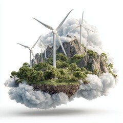 Conceptual image of a floating island with wind turbines, lush green trees, and rocky mountains surrounded by fluffy white clouds, symbolizing clean energy, sustainability, and environmental awareness