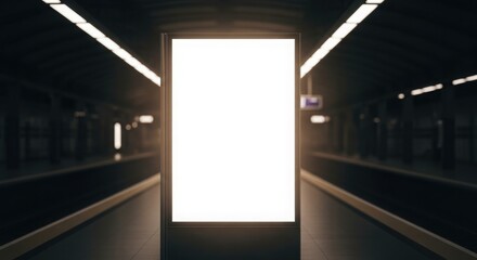 A bright, blank advertising display stands illuminated in a dark subway station.