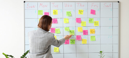 Young businesswoman sticking notes with plans on whiteboard in office, back view