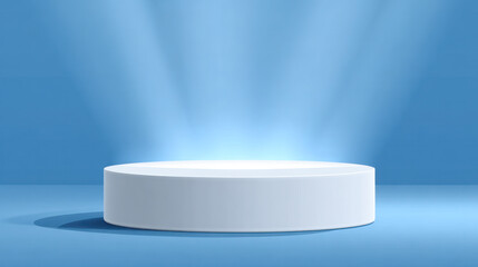 A clean white circular podium with spotlight on a blue background