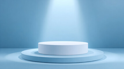 A clean and simple white circular podium under a spotlight