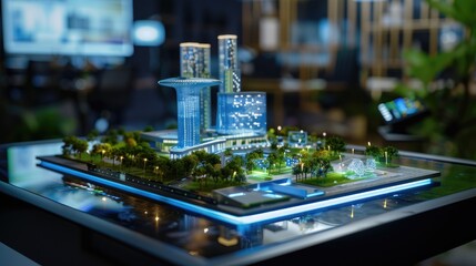 Obraz premium Holographic projection of futuristic building model in modern office, smart city planning and tech design
