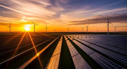 Solar Panels and Wind Turbines at Sunset Photo