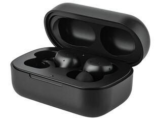 Earbuds in Case with Charging Cable Connected, isolated on transparent background