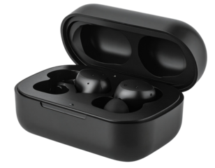 Earbuds in Case with Charging Cable Connected, isolated on transparent background