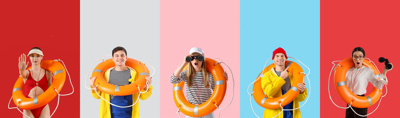 Set of young people with rescue rings on color background