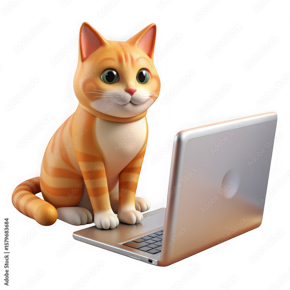Poster cute orange tabby cat using laptop computer isolated on transparent background