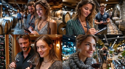 Four panels showcasing diverse individuals sampling wine in a cellar setting, interacting with tech/each other