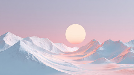 Serene Snowy Mountain Landscape with Soft Pink Sky and Full Moon