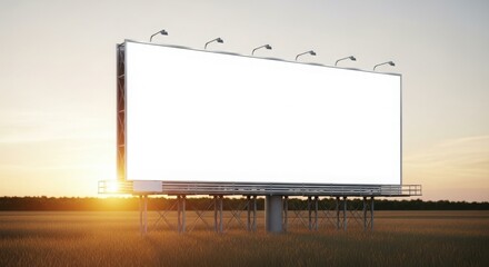 Obraz premium A large, blank billboard stands in a field at sunset, ready for advertising.