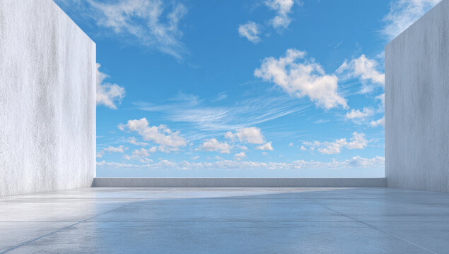 Empty concrete space with blue sky and white clouds in the background - Powered by Adobe