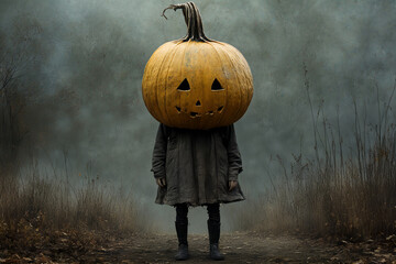 Eerie forest scene with person wearing pumpkin jack-o'-lantern head amidst halloween setting, horror concept
