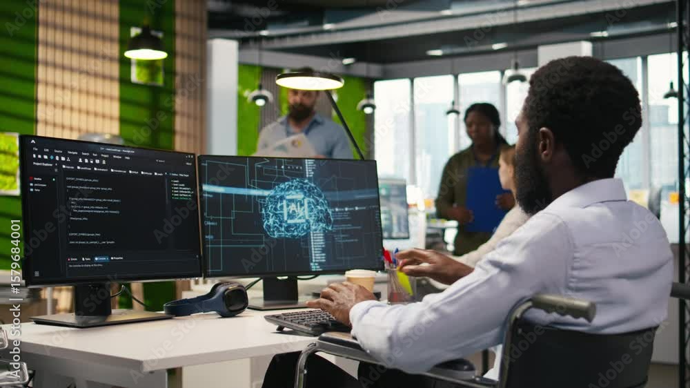Poster technician in wheelchair using ai on computer to optimize performance and forecast issues. african a