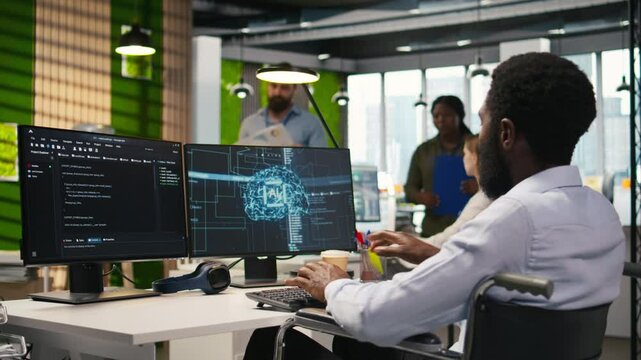 Technician in wheelchair using AI on computer to optimize performance and forecast issues. African american employee with disability in inclusive office training machine learning models, camera A