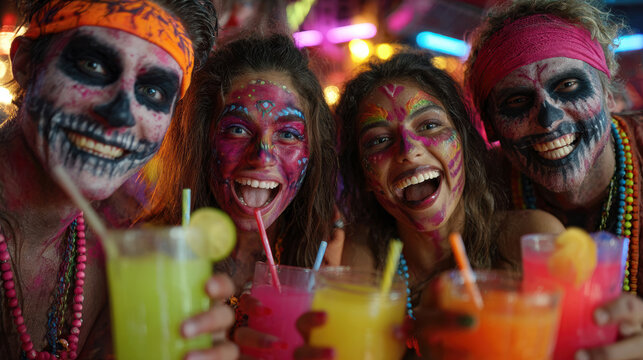 Colorful happy faces and joyful celebration at vibrant night party with paint like zombies on Halloween