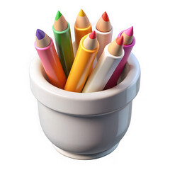 3d colored pencils in white pot isolated on transparent background