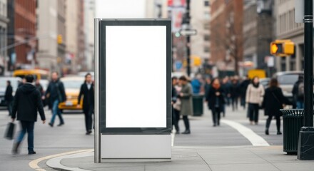Blank digital billboard in a busy city street, with pedestrians walking around.