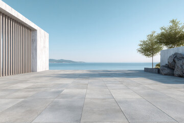 Modern seaside terrace with clear blue sky and calm sea view