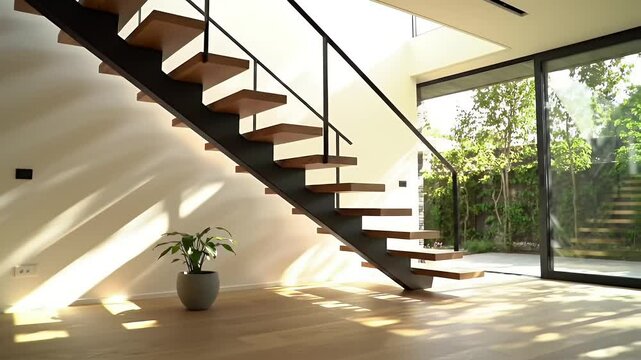 Modern House Interior with Wooden Staircase Black Railing and Sunlit Floor Design Accents
