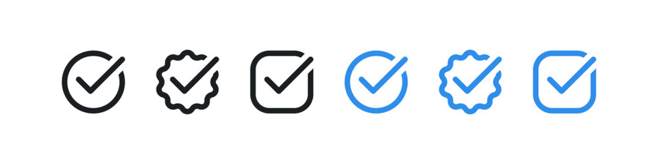 Check mark icon button set, Verified badge icon tick symbol Vector blue verification badge approved check mark icon with correct buttons - Quality certify icon . official account profile verify icon