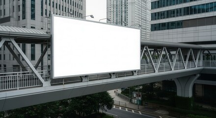 Obraz premium Blank billboard advertisement mounted on a pedestrian bridge over city streets, surrounded by modern high-rise buildings.