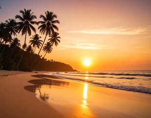 Tropical Asian Beach Sunset with Calm Ocean and Palm Silhouette